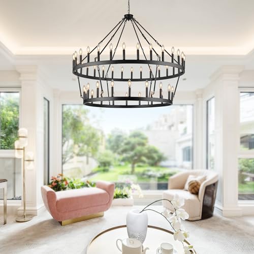 Rustic Farmhouse Black Wagon Wheel Chandelier Large Chandeliers for High Ceilings 2 Tier 48 Lights 55 Inch for Dining Room Living Room Foyer Porch Kitchen Island