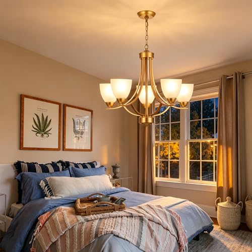 Modern Chandelier 5 Light Mid Century Alabaster Glass Classic Hanging Chandeliers in Gold Finish Pendant Light Fixtures for Dining Room