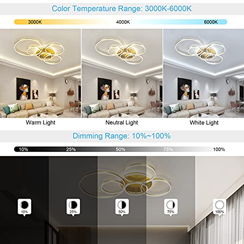 Modern LED Ceiling Light 106W Dimmable LED Acrylic Ceiling Lamp with Remote Control 6 Rings Flush Mount Ceiling Light Gold Ceiling Chandelier for Living Room Dining Room Bedroom Kitchen