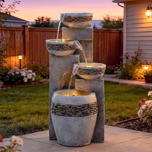 4 Tier Outdoor Water Fountain with Pebble Texture and LED Lights