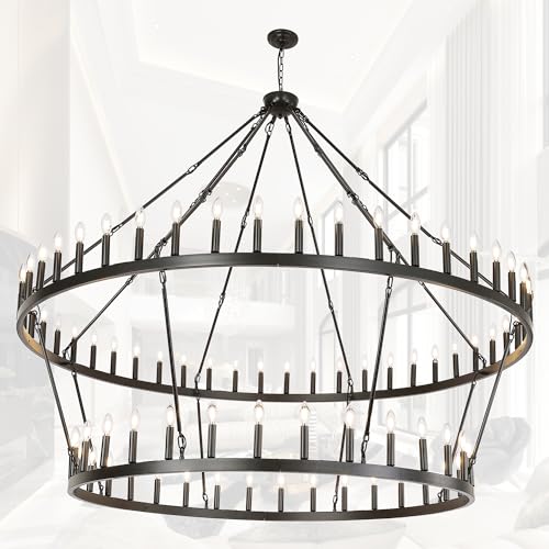 Rustic Farmhouse Wagon Wheel Chandelier Oil Rubbed Bronze Large Chandeliers for High Ceilings 2 Tier 80Lights 78.7 Inch for Dining Room Living Room Foyer Porch Kitchen Island
