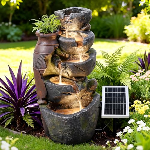 5 Tiers Solar Powered Cascading Rock Jar Water Fountain Outdoor