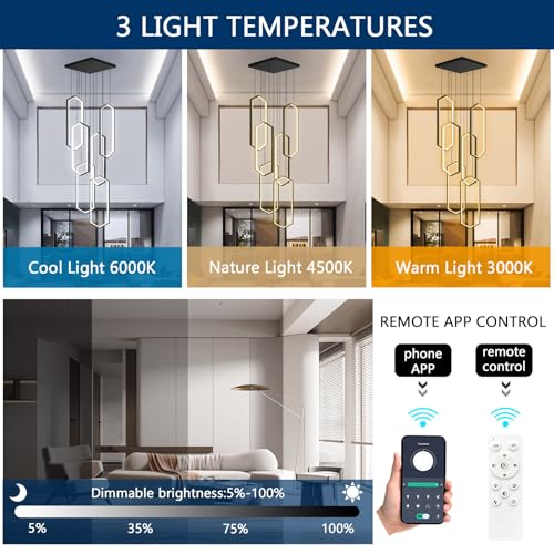 6 Rings Modern Chandelier LED Dimmable Pendant Lighting Adjust Flush Mount Ceiling Light for Foyer Lobby Living Room Staircaes Black