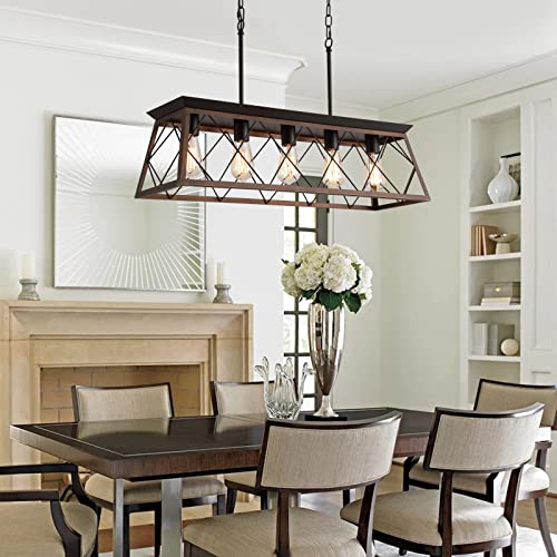 Farmhouse Rustic Chandelier Light Fixtures Bronze 5 Lights Linear Rectangular Chandelier Pendant Light Fixtures for Dining Room Kitchen Island Pool Bar Office Living Room Entryway UL Listed