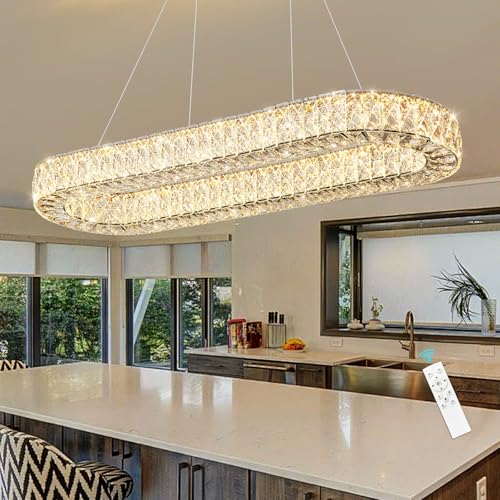 Oval Crystal Chandelier Modern Dimmable LED Chandeliers for Dining Room Rectangular Light Fixture with Remote for Living Room Kitchen Light Silver