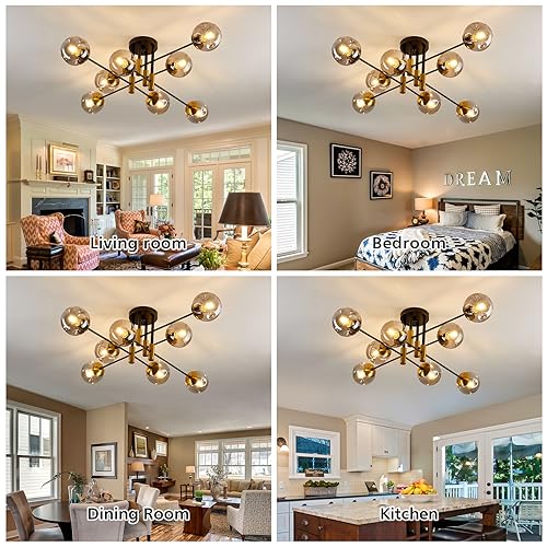 8 Light Glass Globe Ceiling Light Black and Gold Mid Century Flush Mount Sputnik Light Fixture Bubble Chandelier Living Room Farmhouse for Dining Room Kitchen Bedroom