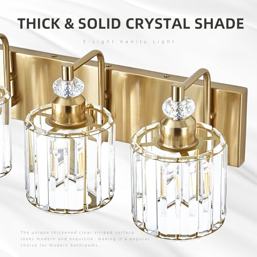 4 Light Modern Vanity Lights Brushed Brass Bathroom Light Fixtures Over Mirror Gold Bathroom Vanity Lighting with Crystal Shade E26 Base Wall Sconce for Bedroom Living Room Restroom Wall Lamp