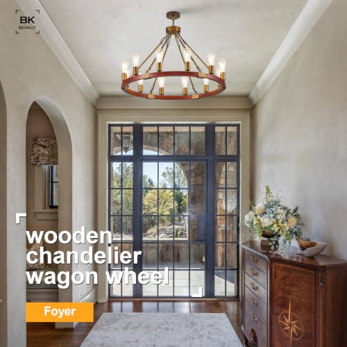 Farmhouse Wagon Wheel Chandelier 31" Rustic Gold Chandelier for Dining Room
