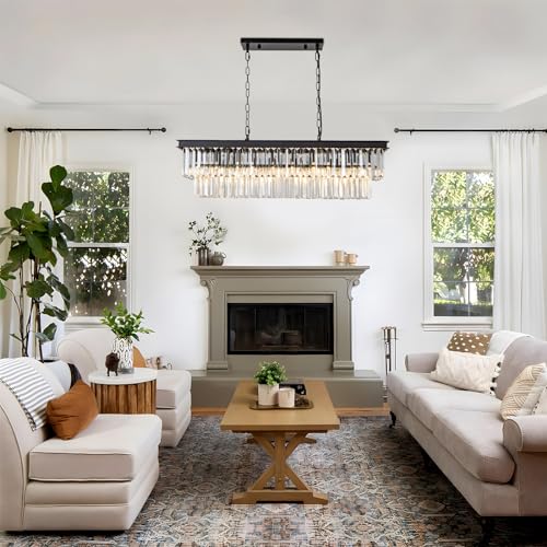 Black Crystal Chandelier for Dining Room Light Fixture Rectangle Modern Farmhouse Chandelier Contemporary Pendant for Kitchen Island Living Room Long Chandelier Rectangular Lighting