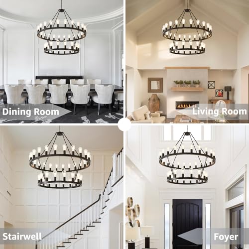 2 Tier 48" Wagon Wheel Light Fixture Black Farmhouse Chandeliers