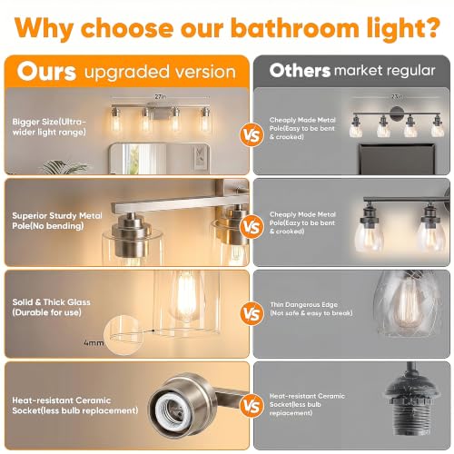 4 Light Brushed Nickel Bathroom Light Fixtures Over Mirror 27 Inches