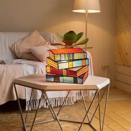 RERUICO Stained Glass Stacked Books Lamp Vintage Desk Lamp Small Reading Book Lamp Decor Stained Glass Nightlight
