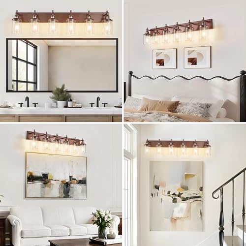 6 Light Bronze Bathroom Light Fixtures Over Mirror