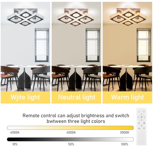 22" Square 4 Light Flush Mount Chandelier Ceiling Light Dimmable remote