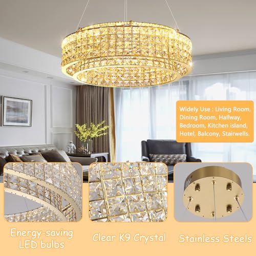 W24 Modern Chandeliers for Living Room LED Dimmable Pendant Lighting High Ceiling Chandelier for Dining Room Foyer Hallway Crystal Rectangle Light Fixtures Gold