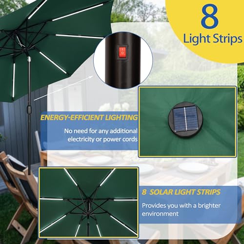 9FT Patio Umbrella with Solar Lights 8 LED Lights Dark Green
