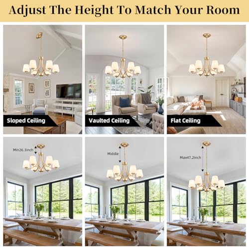 6 Light Modern Gold Chandeliers for Dining Room 47.2'' Adjustable Height Farmhouse Pendant Light with Frosted Glass Shades