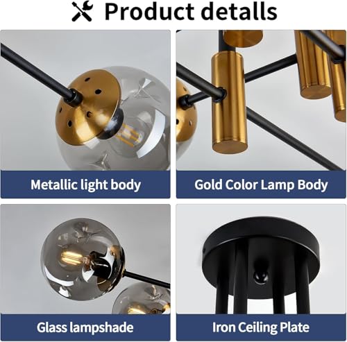 8 Light Sputnik Chandelier with Glass Globe Mid Century Modent Black Gold Ceiling Light Fixture Large Flush Mount Chandelier for Dining Room Bedroom Living Room Kitchen