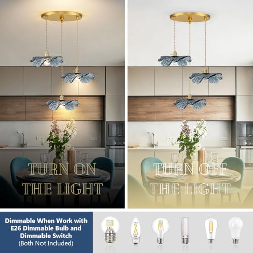 3 Cluster Chandelier Blue Glass Ceiling Pendant Light Fixtures Mid Century Adjustable Gold Brass Chandelier Lighting for Dining Room Living Room Kitchen