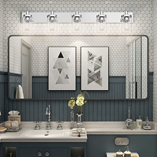 Chrome Bathroom Light Fixtures 5 Light Bathroom Vanity Light Stainless Steel with Clear Glass Shade
