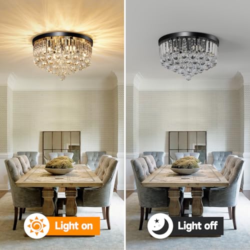 8 Light Modern Crystal Chandelier Black Metal G9 Base Flush Mount Round Light Fixture Ceiling Lamp Farmhouse for Dining Living Room Laundry Foyer Kitchen Balcony Bedroom