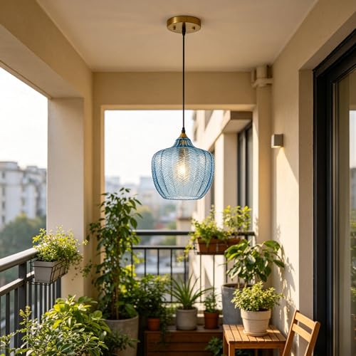 Blue Glass Pendant Lights Kitchen Island Gold Hanging Ceiling Light 9.45"