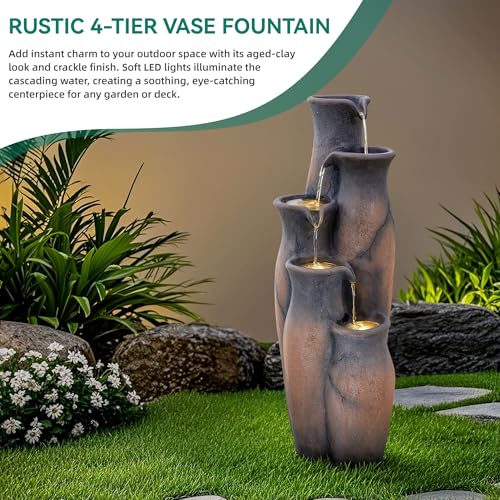 33" Faux Terracotta Vase Water Fountain Outdoor with Warm LED Lights