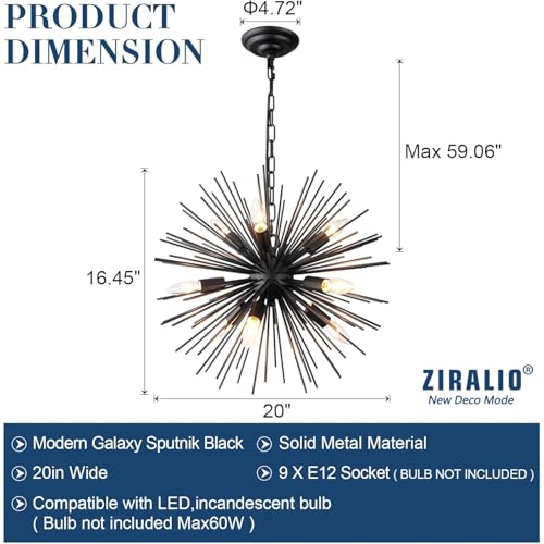 20in 9 Light Black Sputnik Chandelier Vintage Modern Starburst
