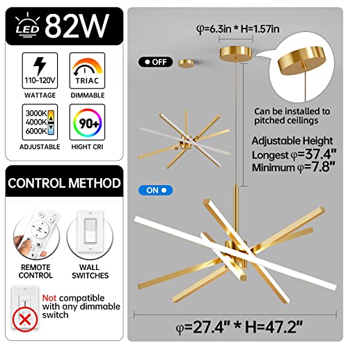 Modern Sputnik Chandelier Ceiling 82W LED Gold Pendant Light Embedded Mount Chandeliers Dining Room Light Fixtures Over Table Dimmable with Remote Control for Living Room Kitchen Bedroom 31.5 inches