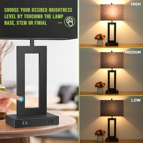 22" Black Modern Table Lamp Set of 2 with 2 USB Ports&AC Outlet (2 Count)
