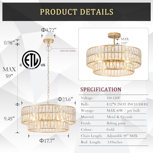 Gold Crystal Chandelier 24" 8