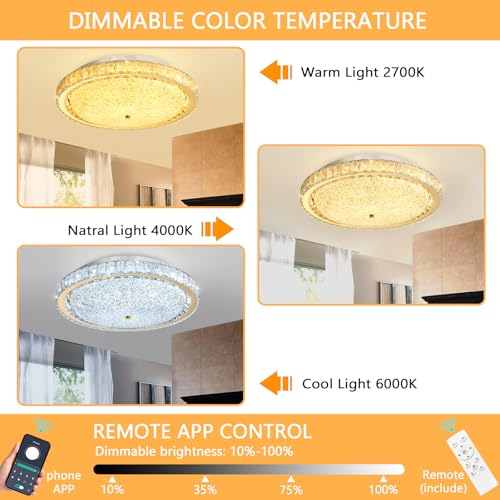 19.6" Modern Crystal Chandelier Dimmable LED Flush Mount Ceiling Light with Remote Control for Living Room Dining Room Bedroom Hallway Foyer Gold