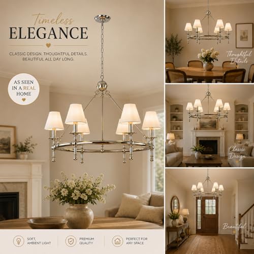 6 Lights W34in Polished Nickel and White Pleated Fabric Chandeliers for Dining Room Mid Century Modern Large Round Chandeliers for Classic Living Room