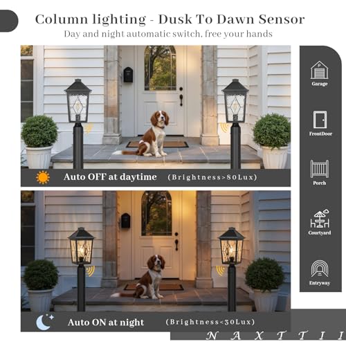 Dusk to Dawn Lamp Posts Outdoor Lighting Waterproof Outdoor Post Lights Hard Wired with Hand‑soldered Glass 14 Inch Height Black Pole Light for Garden Yard Patio Pathway E26 Socket