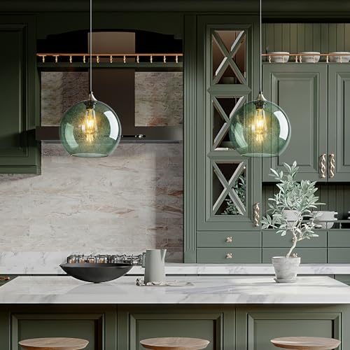 Gray Green Glass Pendant Lights Kitchen Island Lighting Globe Pendant Light Fixtures Modern Pendant Lighting for Kitchen Island Bedroom Living Dining Room Light Fixture (3 Count)