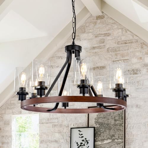 8 Light Farmhose Chandelier for Dining Room Light Fixture Faux Wood Kitchen Pendant Light Round Rustic Ceiling Hanging Lighting with Glass Globes Adjustable Height Metal E26