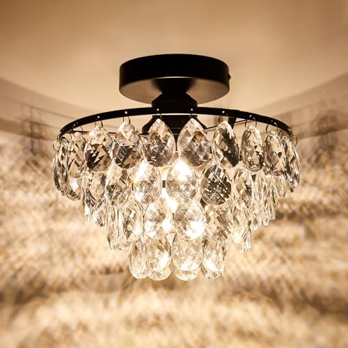 Modern Small Crystal Ceiling Light Fixture Mini Black Semi Flush Mount Chandelier Light Fixture for Hallway Bedroom Bathroom Closet e26
