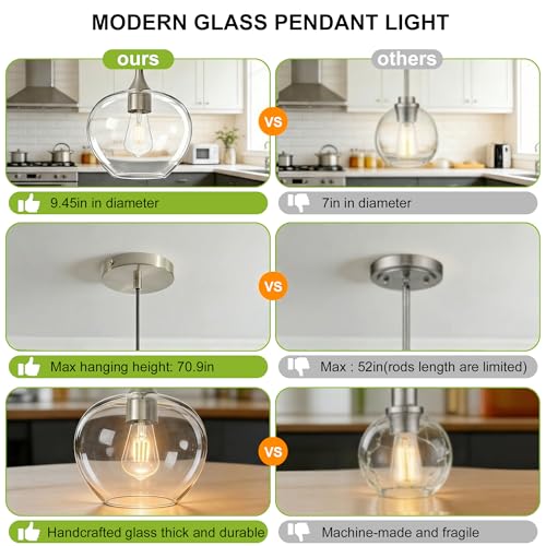 9.45in Nickel Pendant Lights Kitchen Island with Clear Glass Shade 1Pack