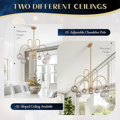 Gold Sputnik Chandelier with Smoke Glass Globe 8 Lights L41 Inch