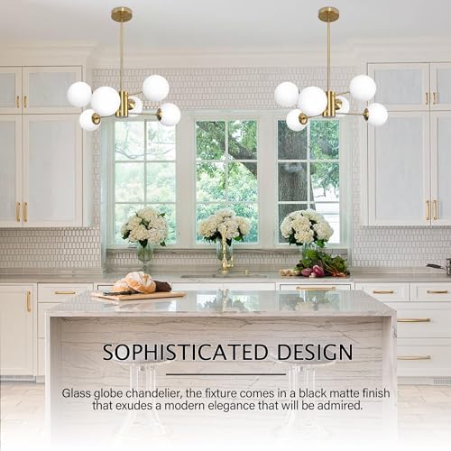 6 Light Globe Sputnik Chandelier Milk Glass Modern Gold Chandelier Light Fixture Mid Century Sputnik Chandeliers Pendant Light Frosted Globe Adjustable Hanging Ceiling Light for Entryway (6 Count)