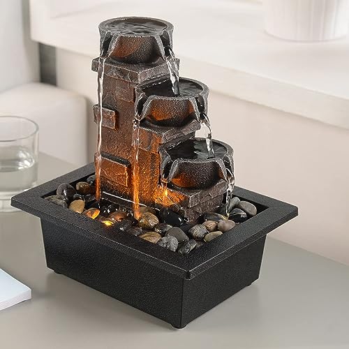 3 Tier Stone Wall Tabletop Water Fountain with Natural River Rocks
