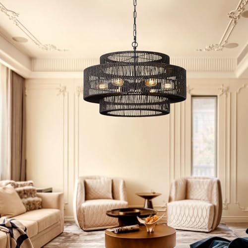 23.6" Black Large Boho Rattan Chandelier Light Fixture