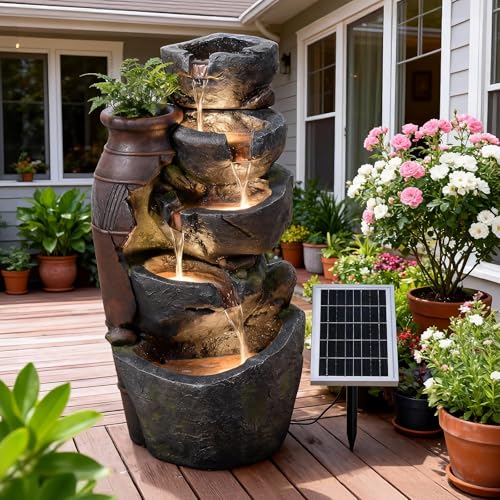 5 Tiers Solar Powered Cascading Rock Jar Water Fountain Outdoor