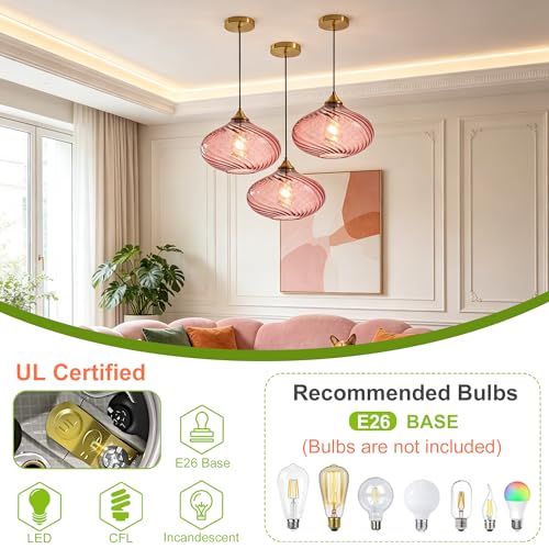 11in Gold Pendant Lights Kitchen Island with Purple Pink Glass Shade 1Pack
