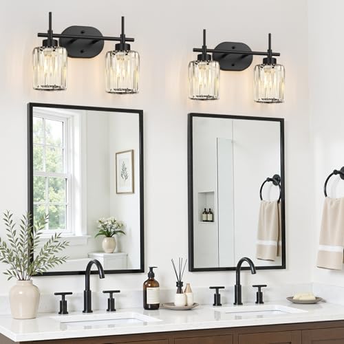 2 Light Matte Black Crystal Bathroom Vanity Light