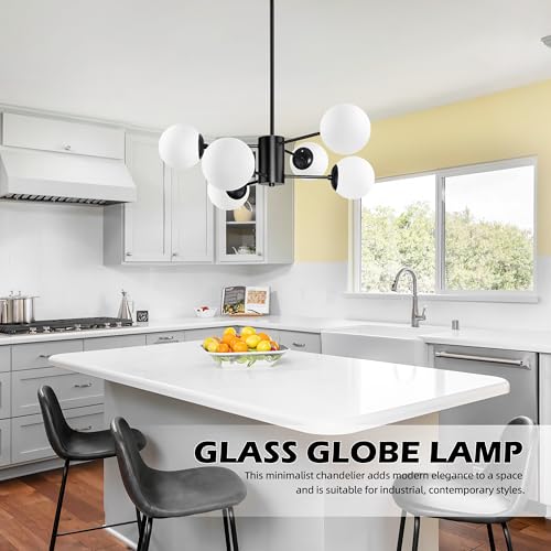 6 Light Sputnik Chandelier Black Sputnik Chandeliers Modern Mid Century Globe Pendant Light Matte Black Finished with White Frosted Globe Glass Lampshade for Dining Room Bedroom Kitchen