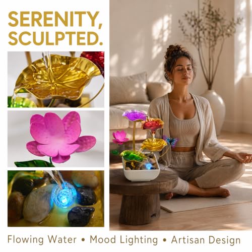 Tabletop Fountain Metal Lotus Indoor Fountain Water Feature for Zen Home Office Fengshui Decor Color