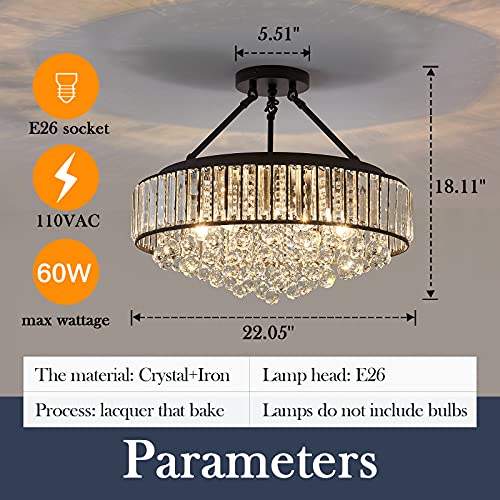 6 Light Modern Large Crystal Chandelier Black Metal E26 Semi Flush Mount Round Light Fixture Ceiling Lamp Farmhouse for Dining Living Room Laundry Foyer Kitchen Balcony Bedroom