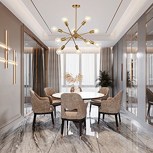 Modern 10 Light Sputnik Chandeliers Brushed Brass with Adjustable Arms Metal Kitchen Light Fixtures Gold Mid Century Pendant Lighting Vintage Industrial Ceiling Lights for Living Room