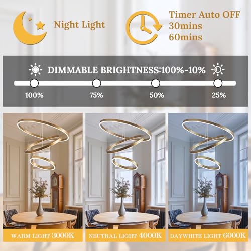 LED 3 Ring Chandelier Gold Brass Dimmable Modern Pendant Light